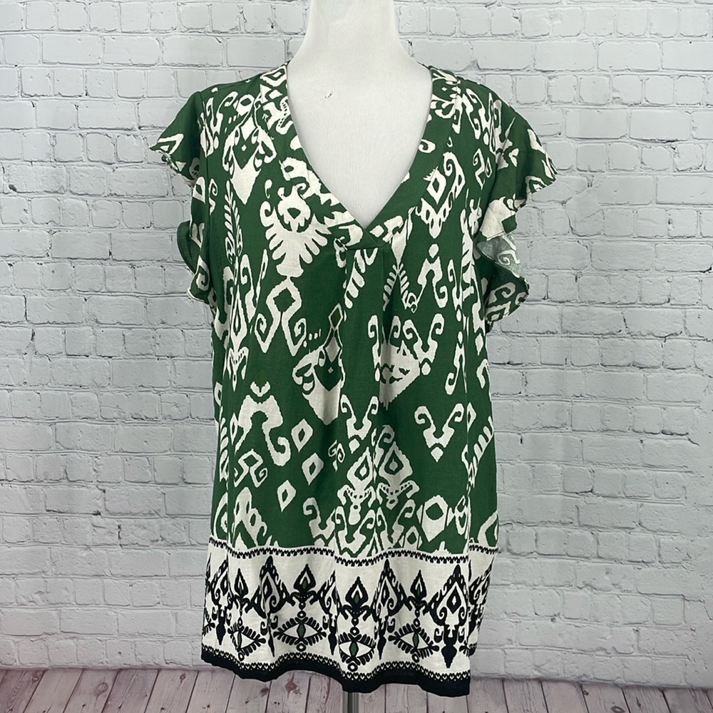 Haute Hippie Plus Size 1X Boho Linen Blend Patterned Fun Top Flutter Sleeves